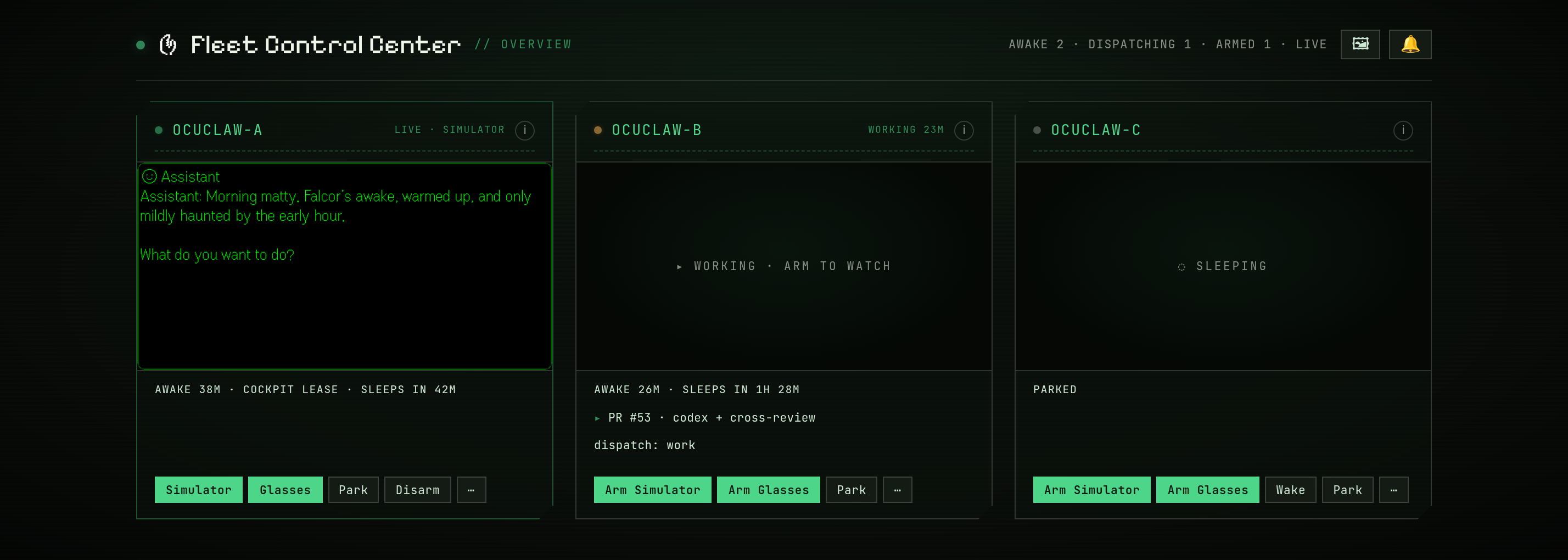Fleet Control Center overview on a PC — three boxes side by side